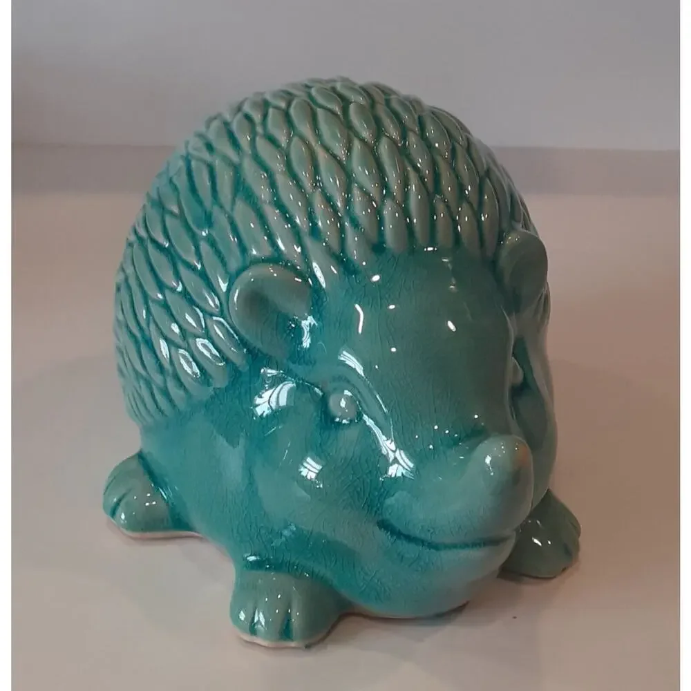 Adorable Aged Turquoise Hedgehog Garden Ornament